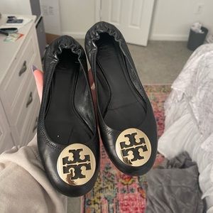 Tory Burch Black Flats with Gold Logo